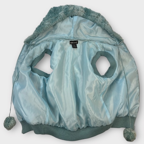 Vintage Y2K Wet Seal Faux Fur Vest Women M Winter Hoodie Plush Zip Pom Poms Cozy - Picture 10 of 14